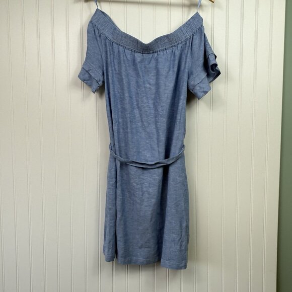 SOHO Street NY & Co Linen Viscose Blue Off Shoulder Belted Dress Size Small - Picture 7 of 8